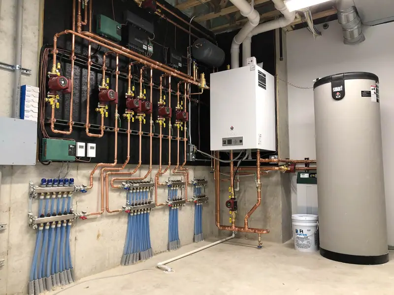 Copper-piped boiler system with a row of circulator pumps and four PEX manifolds serving separate heating zones.